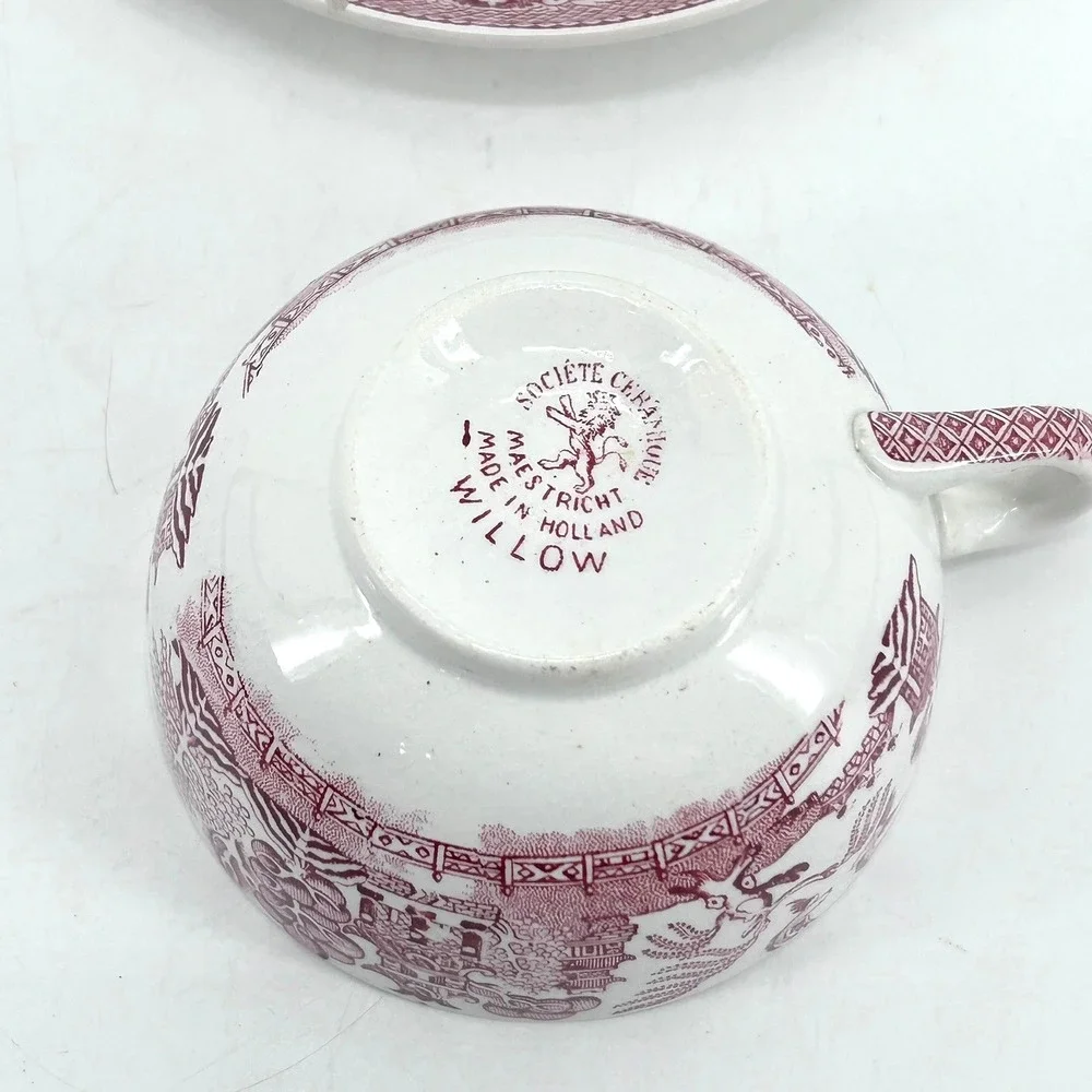 Societe Ceramique Maastricht Pink Red Willow Tea Cup & Saucer Set Holland VTG